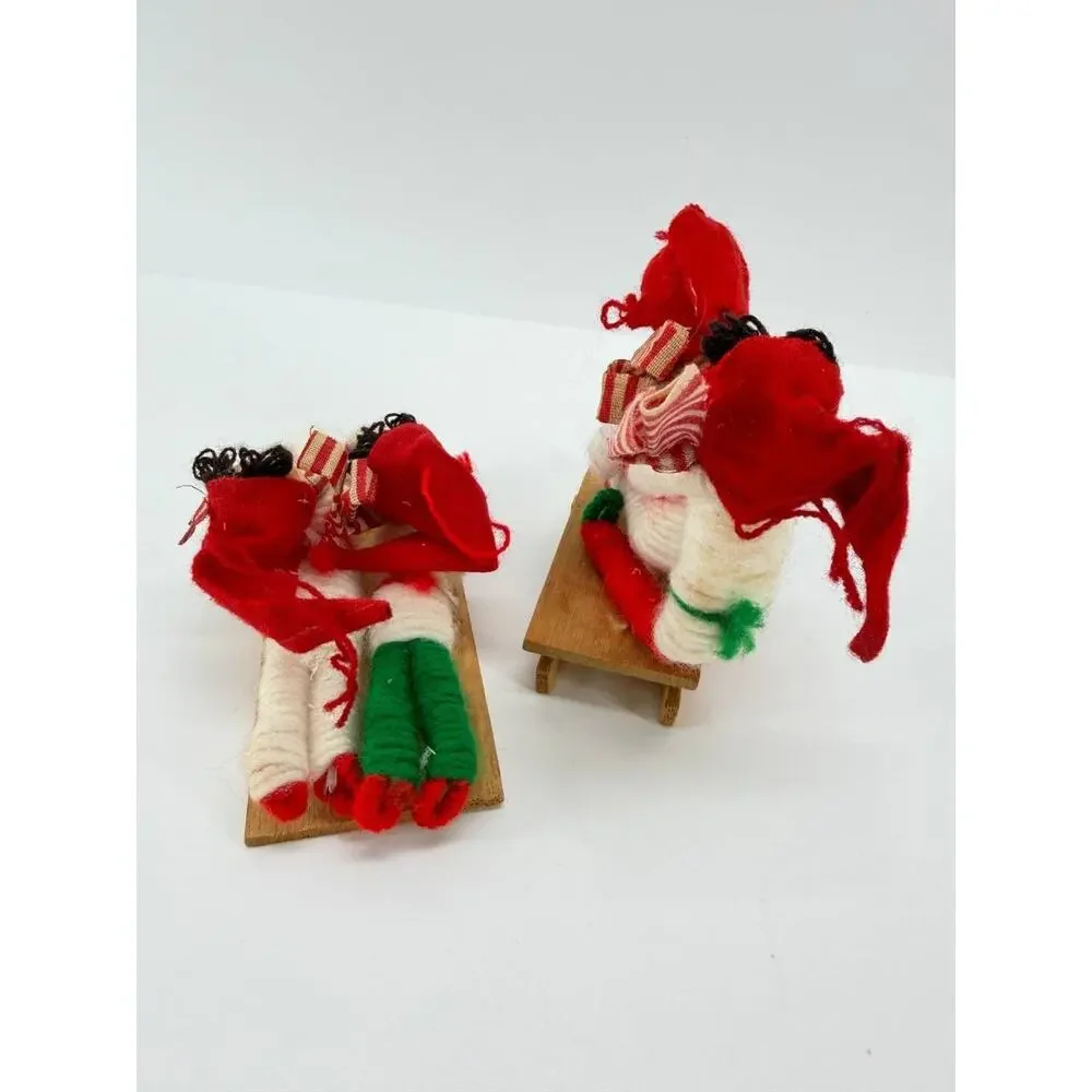 Vintage Taiwan Christmas Yarn Doll Children Wooden Sled Holiday Figurine Set
